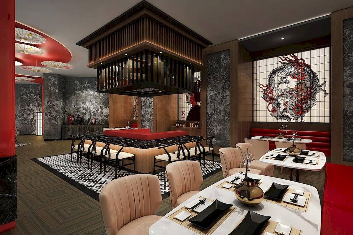 Innenraumdesign des Lago Hotels mit asiatischem Thema, roten Wänden und schwarzen Möbeln.