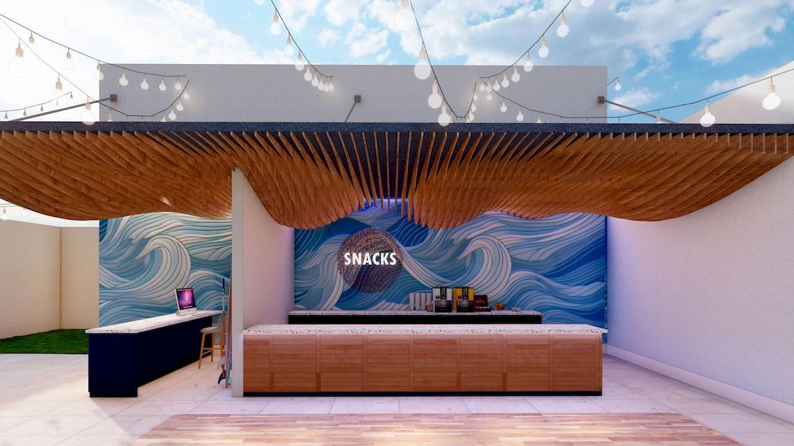 Snacks Bereich im Hotel Sunscape Dominicus La Romana mit modernem Design und blauen Wellenmuster.