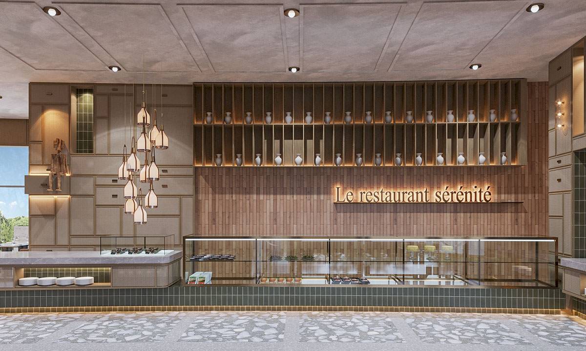 Innenansicht des Restaurants im Gloria Serenity Resort mit hölzerner Wand und Vitrinen.