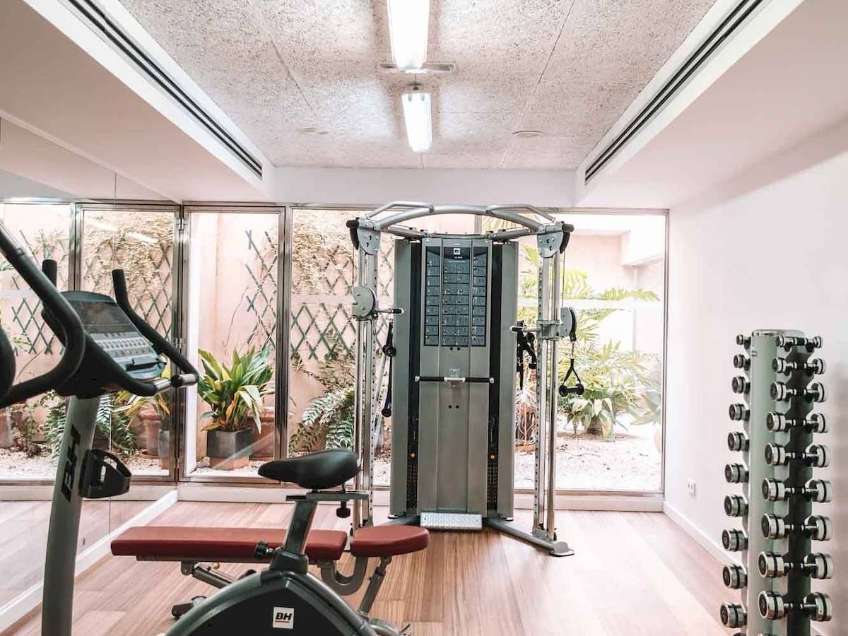 Fitnessbereich des Aimia Hotels mit Geräten und Blick auf Pflanzen.