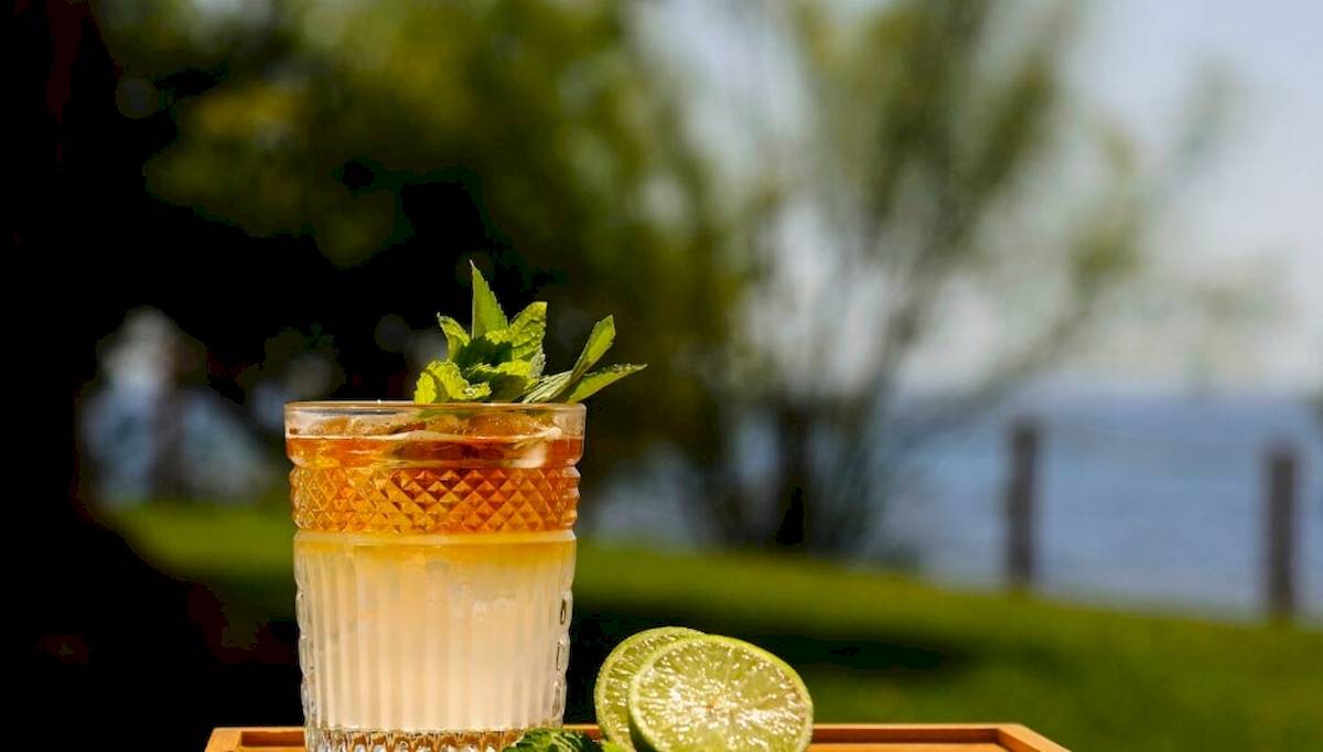 Ein Glas mit einem Getränk und einer Limette auf einem Tablett im Garten.