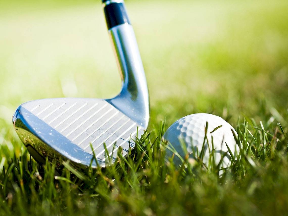 Golfschläger im Rasen neben einem weißen Golfball.