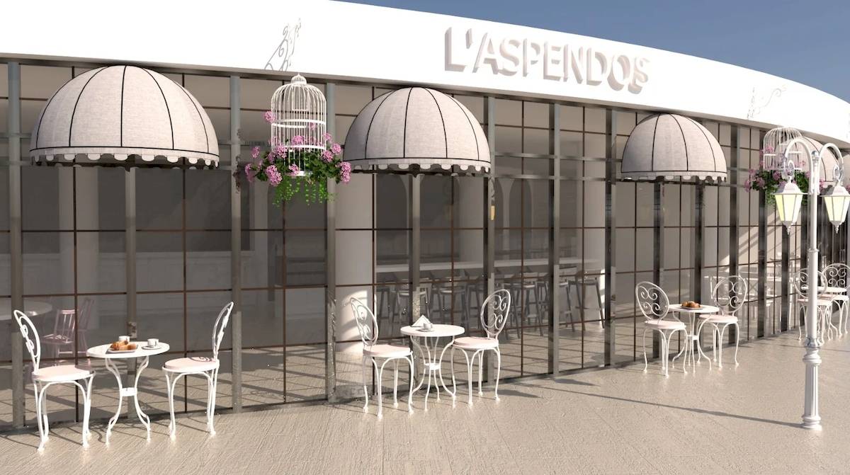 Vorgarten des Laspenddos Restaurants mit weißen Tischen und Stühlen und hängenden Blumenkäfigen.