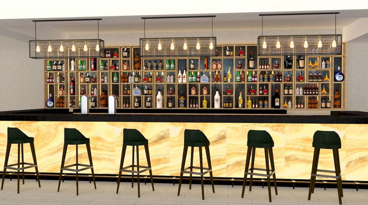 Illustration der Bar im Sunrise Queen Luxury Resort & Spa mit vollen Regalen und Hockern davor.