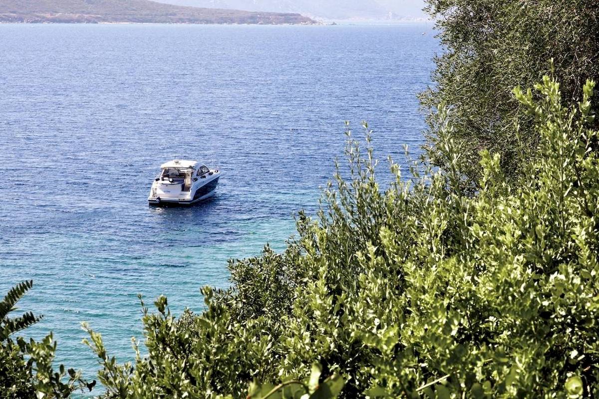 Boot von L'Hostellerie du Moulin im Wasser neben Pflanzen