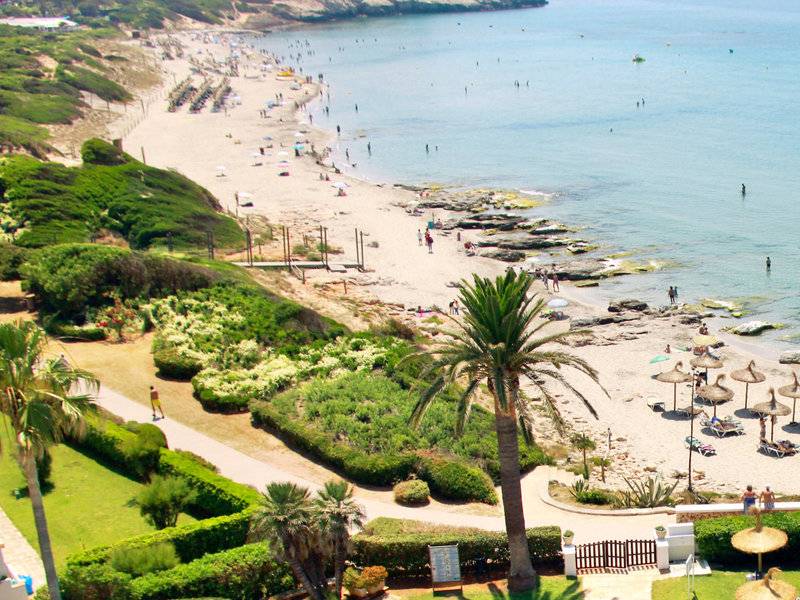 Aussicht auf den Strand vor dem Hotel Seth 55 Santo Tomás mit vielen Gästen und Palmen.