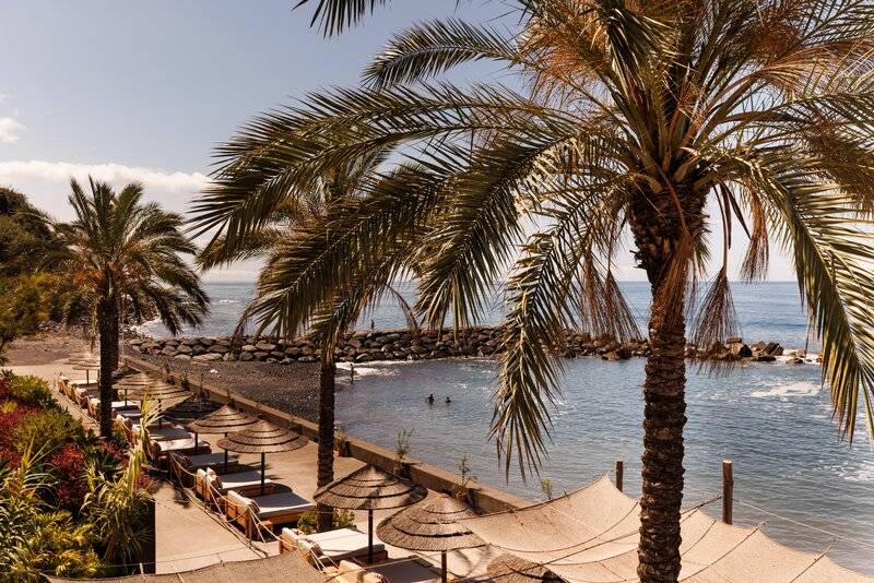 Blick auf den Strand des Saccharum Hotels mit Palmen und Sonnenschirmen.