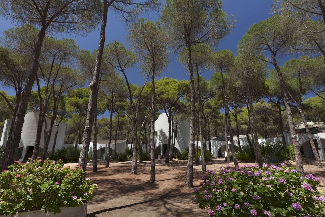 Im Wald des Mare Pineta Hotels stehen weiße Gebäude und blühende Pflanzen.