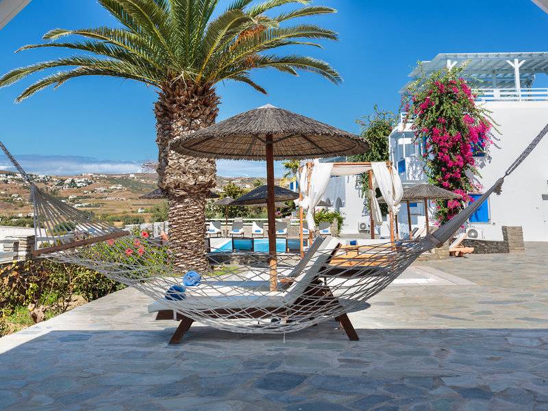 Loungebereich im Pyrgaki Hotel mit Palme und Hängematte vor einem Swimmingpool