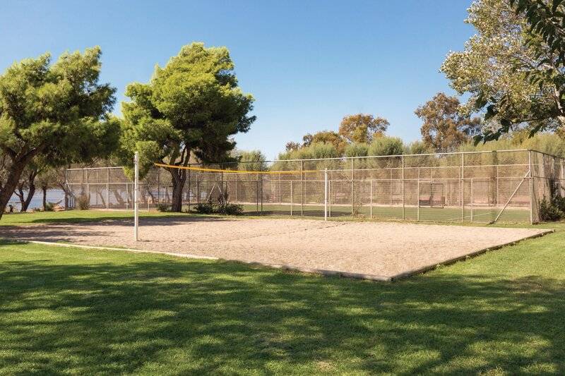Ein Volleyballplatz mit einem Netz und umliegenden Bäumen und einem Wasserkörper im Hintergrund.