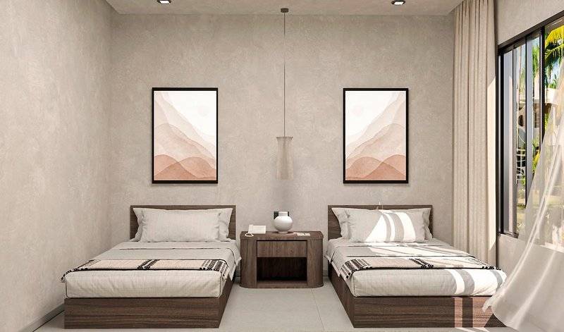 Zwei Betten mit weißen Kissen in einem modernen Schlafzimmer, das zum Aldiana Club Naga Bay gehört.