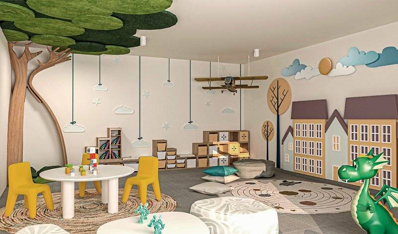 Illustration eines thematischen Kinderzimmers im Aldiana Club Naga Bay mit Bäumen, Wolken, Häusern und einem Flugzeug.