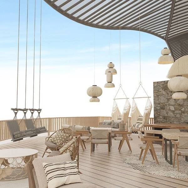 Ethno Belek Hotel Terrasse mit Holzmöbeln, Hängesesseln und Hängeschaukeln.