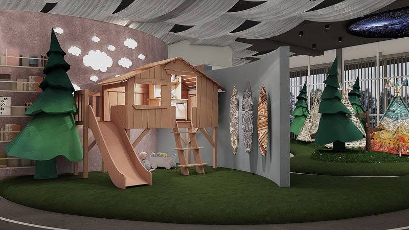 Innenansicht des Kinderbereichs im Ethno Belek Hotel mit Baumhaus, Rutsche und grünem Rasen.