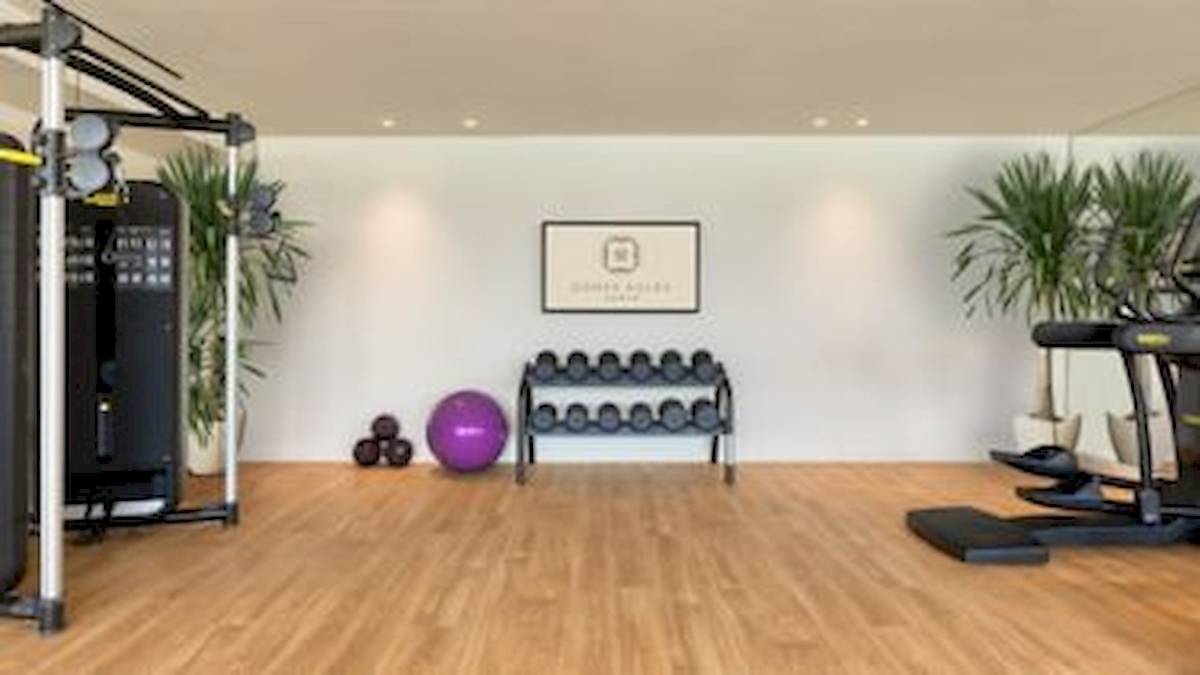 Innenansicht des Fitness-Centers im Domes Aulus Zante Hotel mit Trainingsgeräten und Pflanzen.