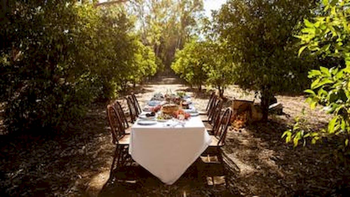 Essen im Freien in einem Garten, ein Tisch mit einer weißen Tischdecke und Holzstühlen.