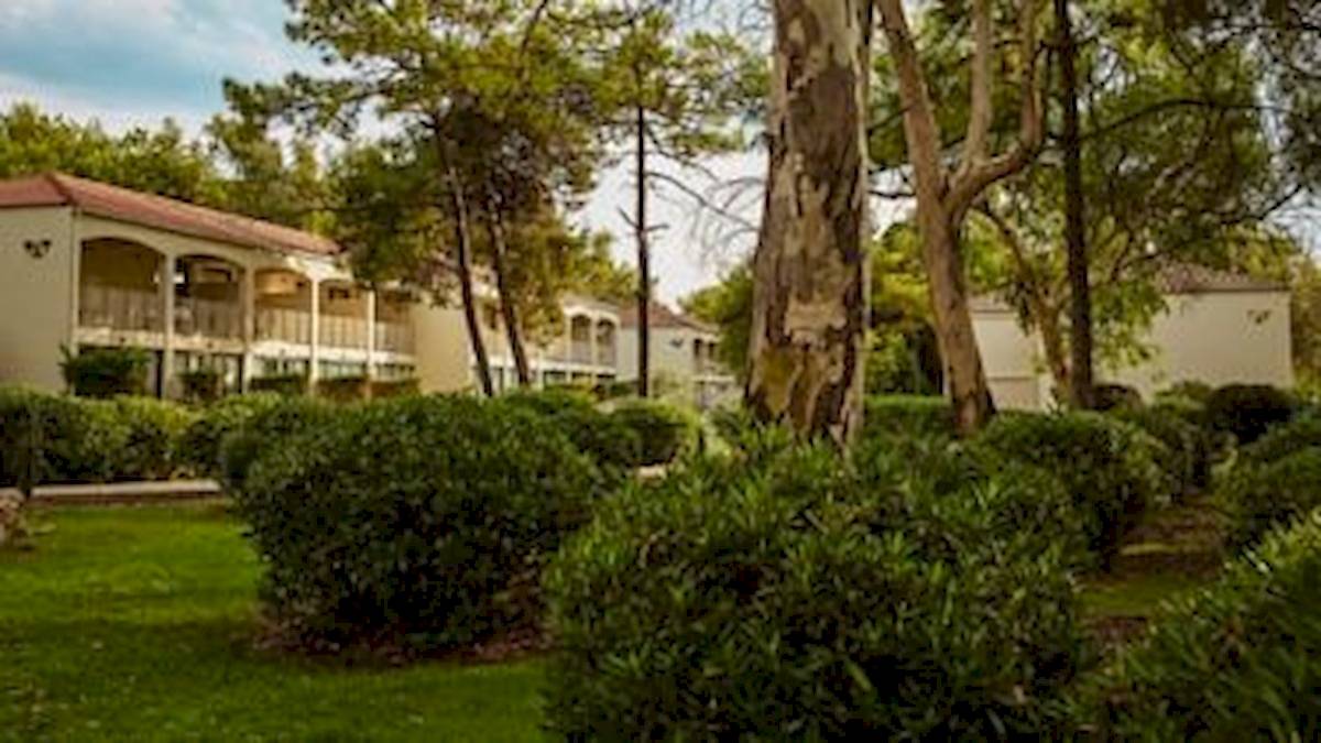 Außenansicht des Domes Aulus Zante Hotels mit Baumbestand und Gebäuden im Hintergrund.