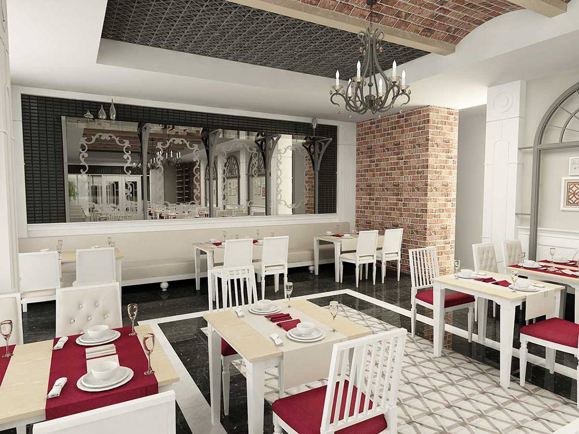 Innenansicht des Restaurants im Belek Beach Resort Hotel mit weißen Tischen und Stühlen, roten Sitzkissen, einer großen Spiegelwand und einer zentralen Kronleuchter.