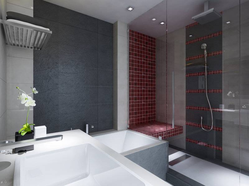 Modernes Badezimmer mit roten Fliesen und einer separaten Duschkabine.