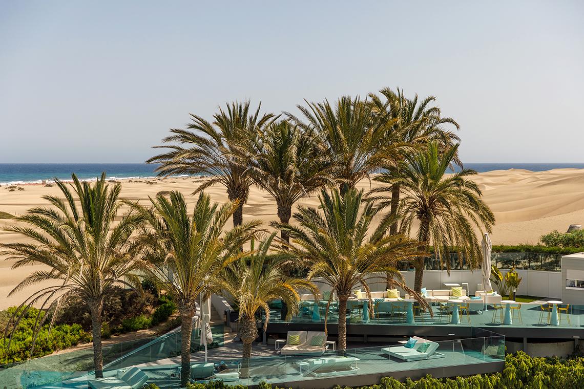 Außenbereich des Santa Monica Suites Hotels mit mehreren Palmen und Blick auf das Meer.