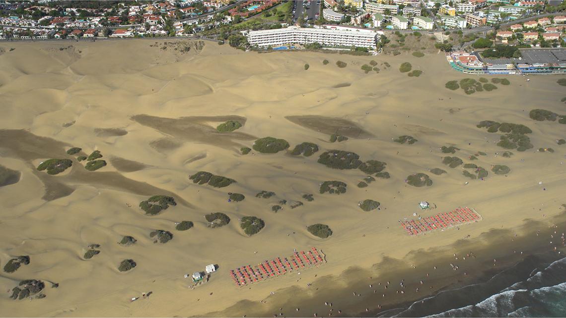 Luftaufnahme der Dünen und des Strandes des Santa Monica Suites Hotels.