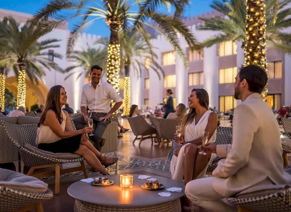 Gruppe von Menschen, die im Shangri-La Al Husn Resort & Spa Spaß haben, darunter zwei Frauen und zwei Männer, die Wein trinken.