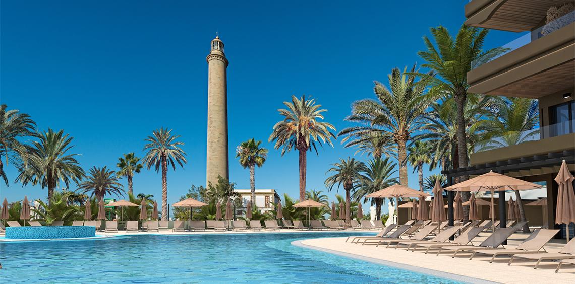 Außenbereich des Faro, a Lopesan Collection Hotel mit Pool, Sonnenliegen und Palmen