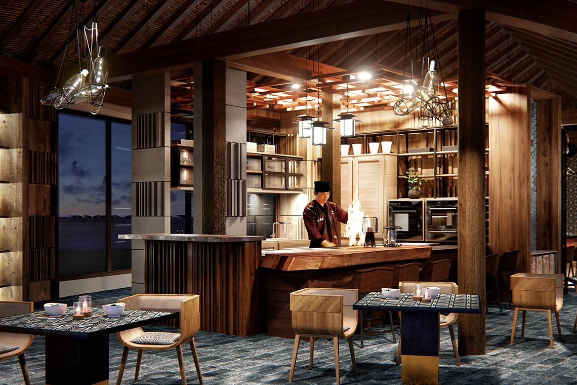 Innenansicht der Bar im JW Marriott Maldives Resort & Spa mit gedämpfter Beleuchtung und Holzelementen.