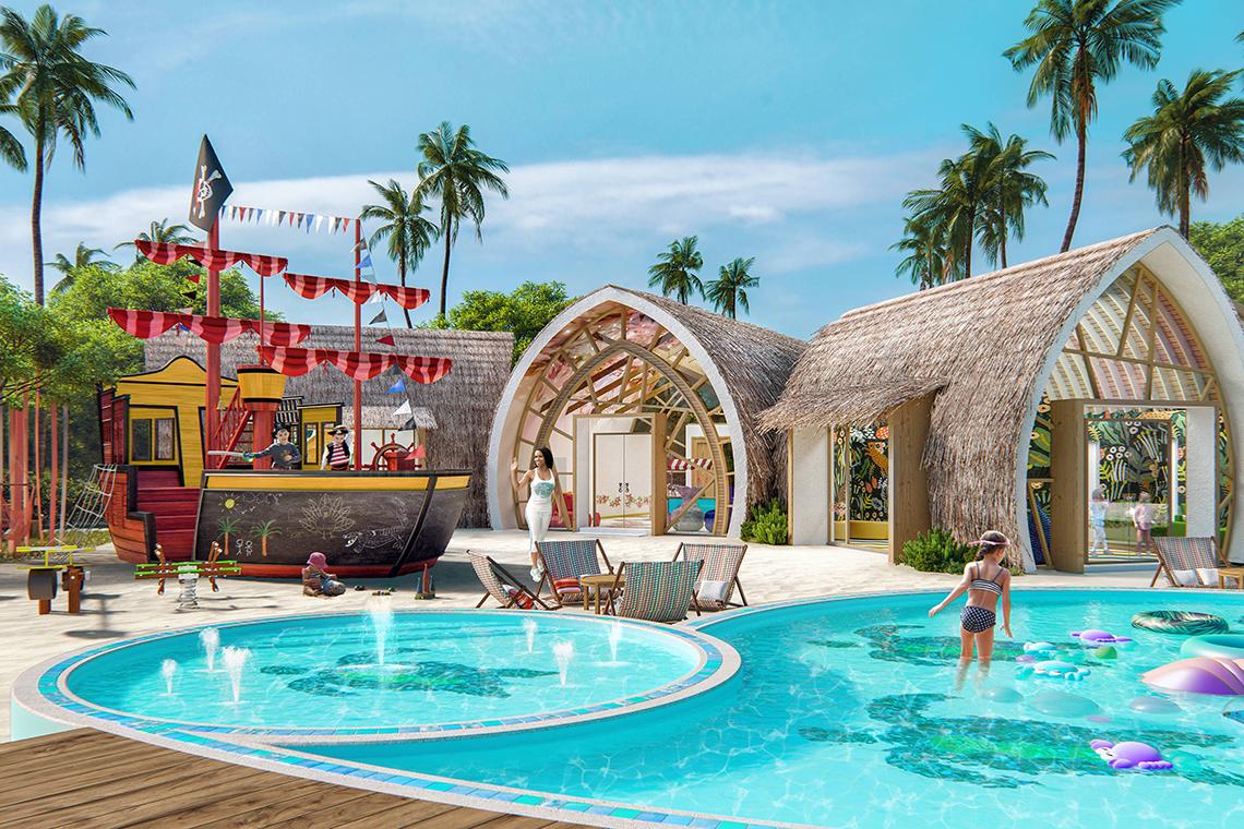Illustration des JW Marriott Maldives Resort & Spa mit einem Piratenschiff und einem Kinderpool