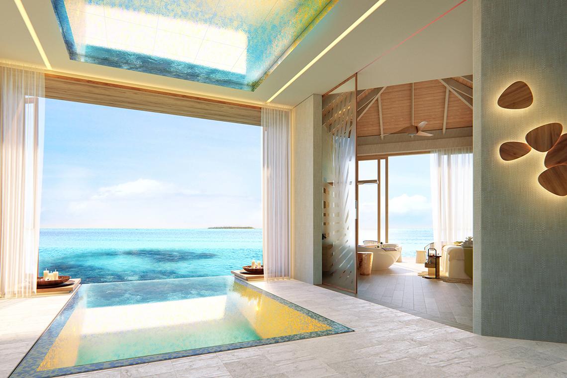 Innenansicht der Suite im JW Marriott Maldives Resort & Spa mit Blick auf das Meer
