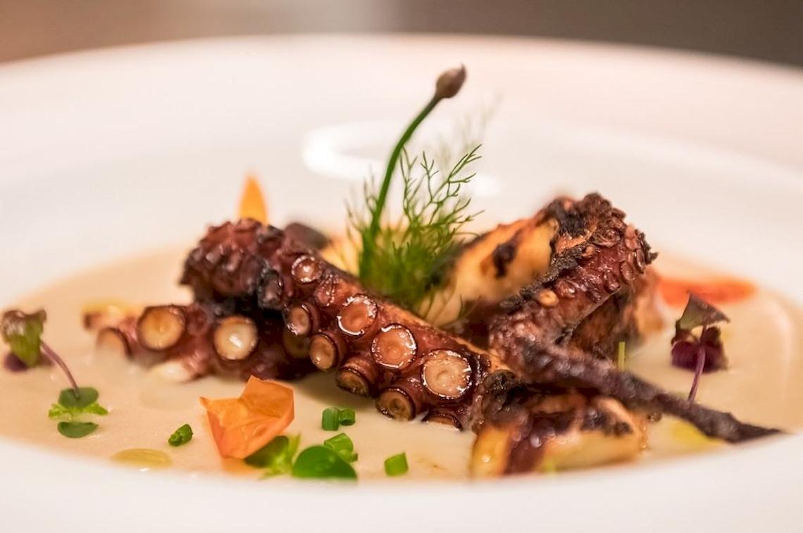 Gebratenes Oktopus Gericht serviert auf einem weißen Teller im Hotel Ollastu Resort