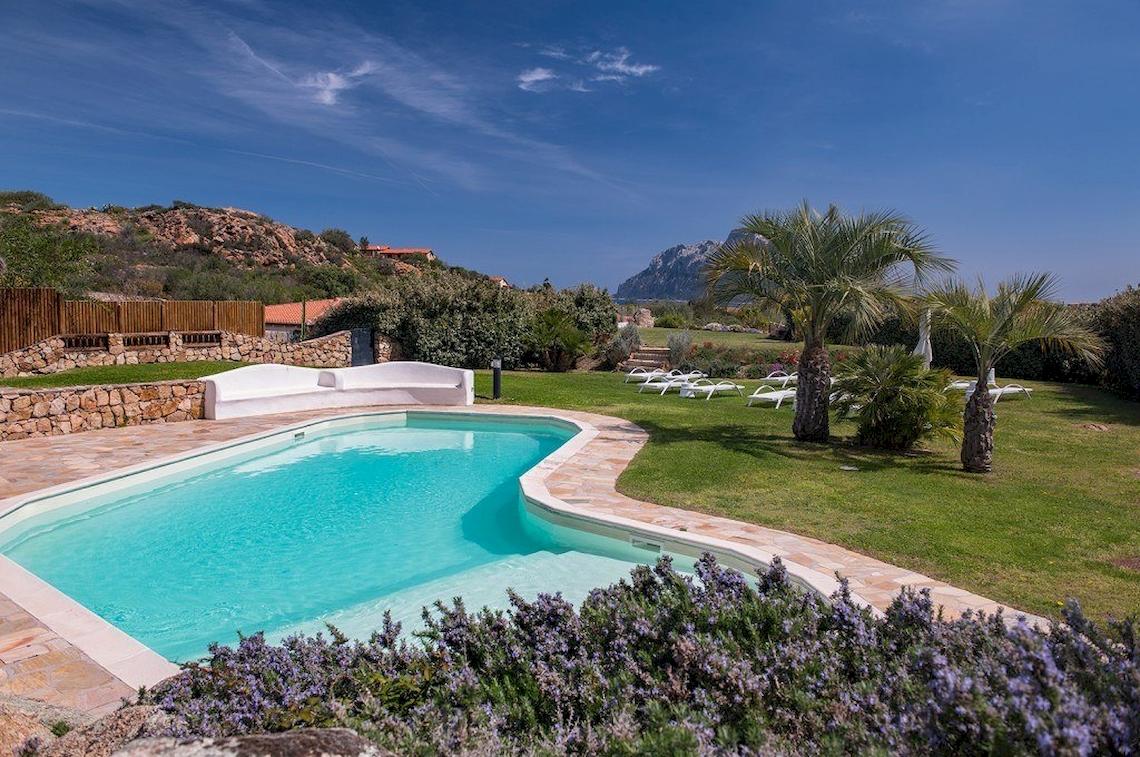 Außenpool des Hotel Ollastu Resort umgeben von Palmen und Liegestühlen