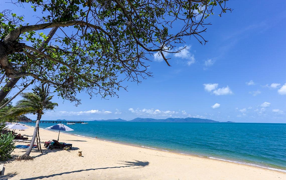 Strand des Saree Samui Resorts mit Palmen, Sonnenschirmen und blauem Meer