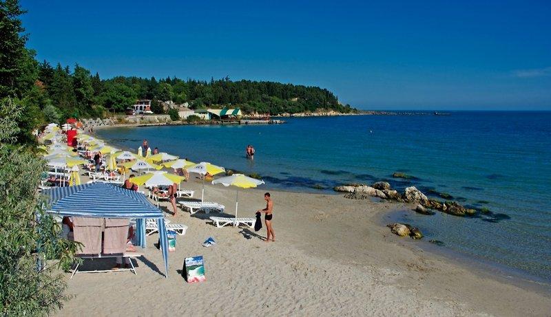 Ein sonniger Strand mit vielen Sonnenschirmen und Personen, einige schwimmen im Wasser.