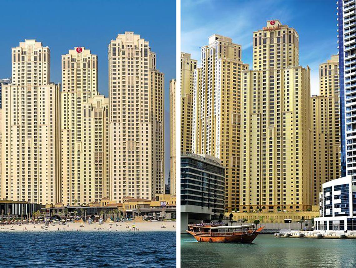 Außenansicht des Delta Hotels by Marriott Jumeirah Beach in Dubai mit hohen Gebäuden und Boot am Wasser
