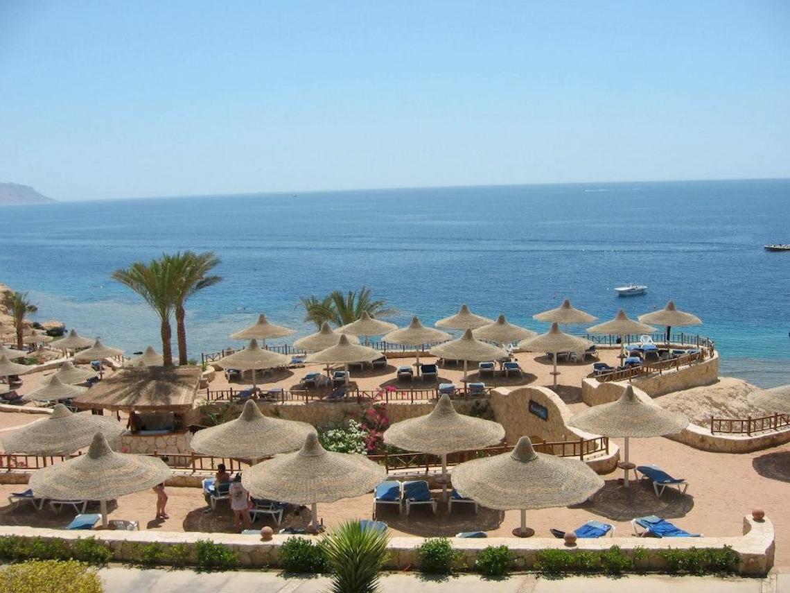 Doppelter Baum durch Hilton Sharks Bay Resort Strand mit vielen Sonnenschirmen und Liegestühlen