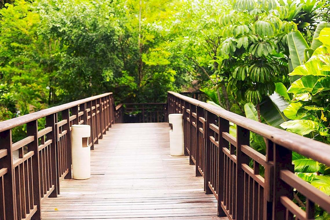Holzbrücke im tropischen Wald des Tubkaak Krabi Boutique Resorts