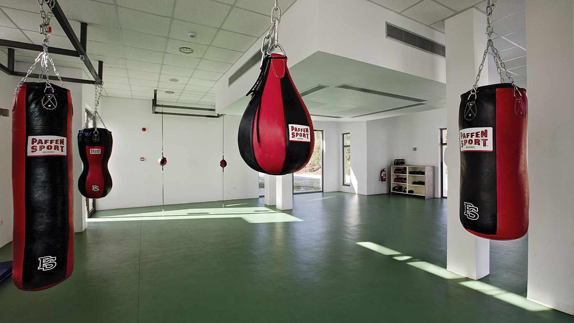 Fitnessraum im Club Plimmiri Hotel mit mehreren Boxsäcken und einer grünen Trainingsfläche.