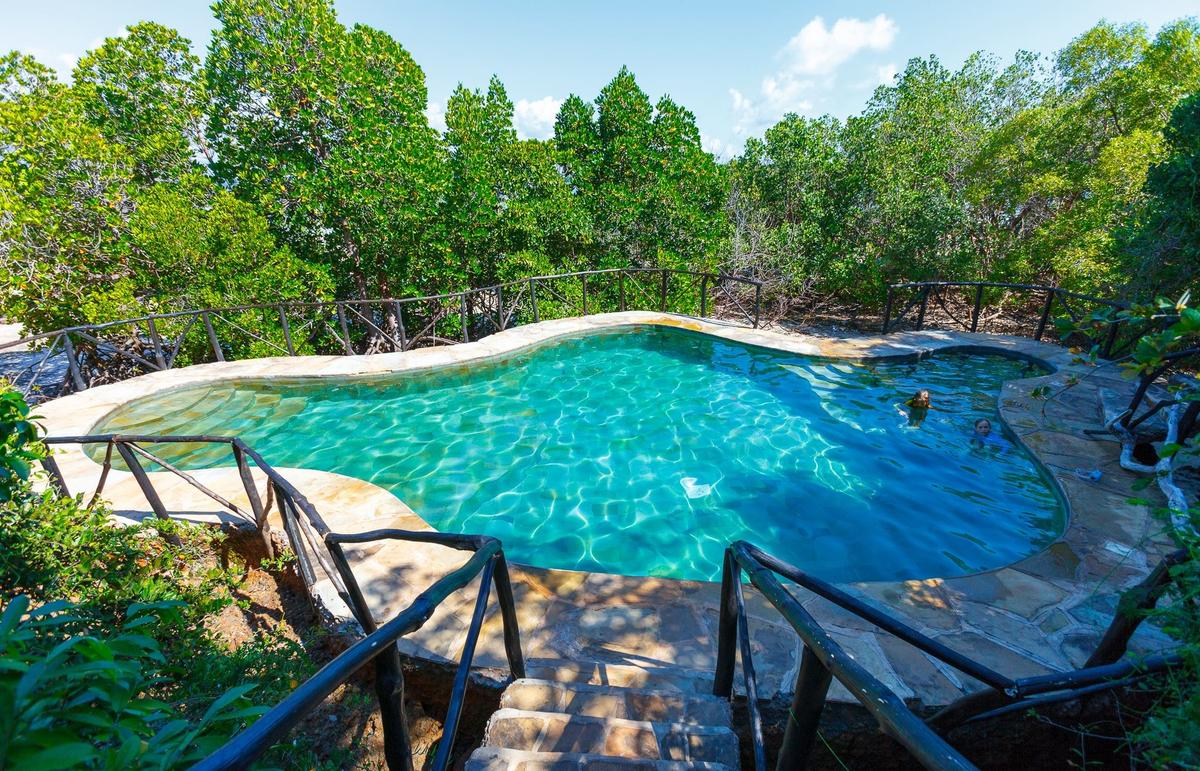 Ein Swimmingpool im Freien, umgeben von Bäumen und Sträuchern, mit zwei Personen im Wasser.
