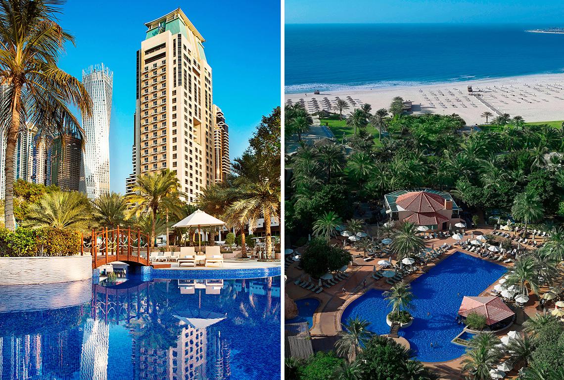 Zwei Bilder des Habtoor Grand Resort & Spa mit einem großen Swimmingpool und einer weißen Sandstrand.