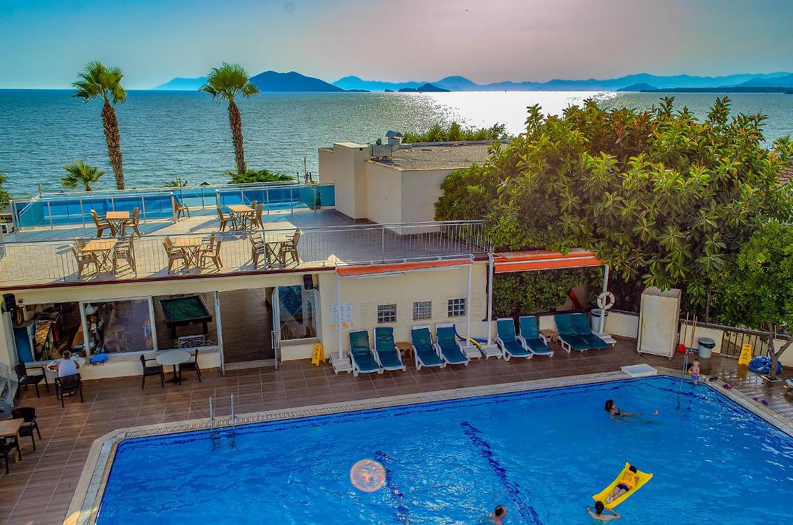 Luftaufnahme des Malhun Hotels mit Blick auf den Pool und das Meer.