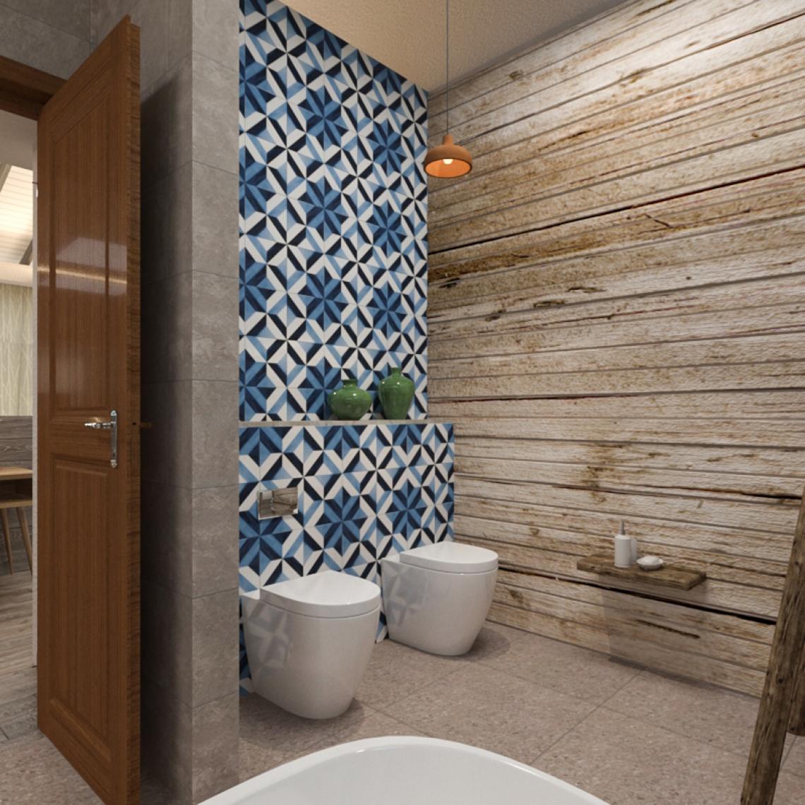 Ein Badezimmer mit blau-weißen geometrischen Fliesen und einer Holzwand.