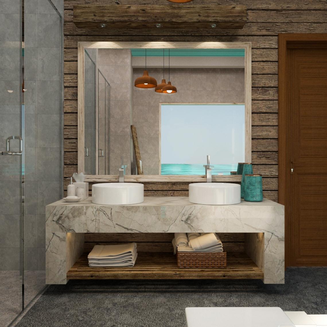 Badezimmer im You & Me Maldives Hotel mit Marmor-Waschtisch und Holzwand.