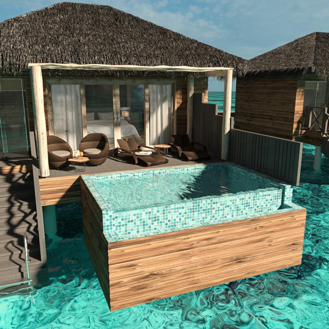 3D-Rendering eines Wasserbungalows von You & Me Maldives mit Außenpool und Sonnenliegen.