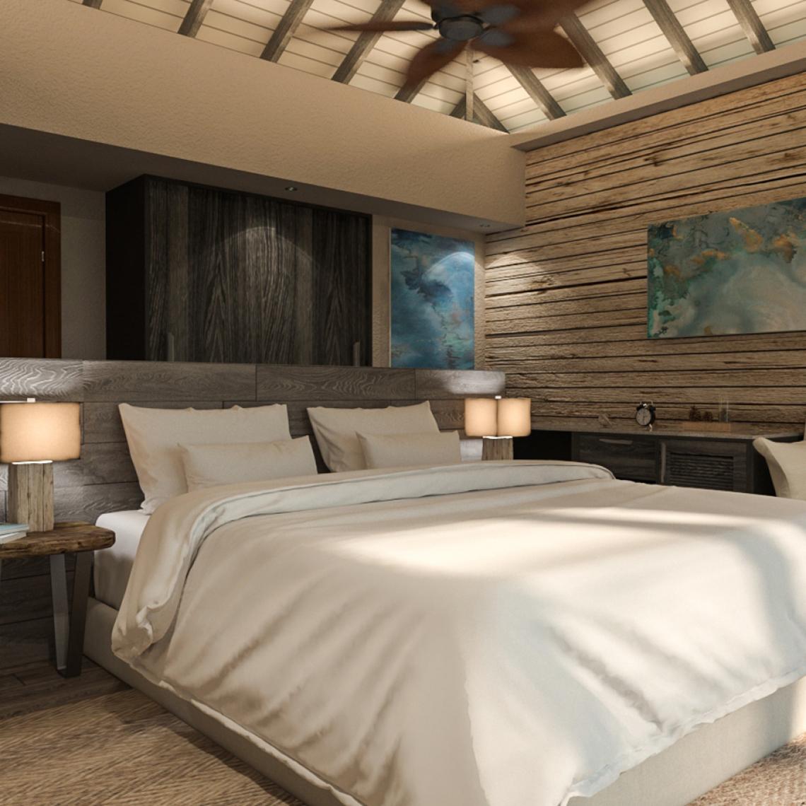 Innenansicht eines Schlafzimmers im You & Me Maldives Hotel mit Holzwänden und einer großen Bett.