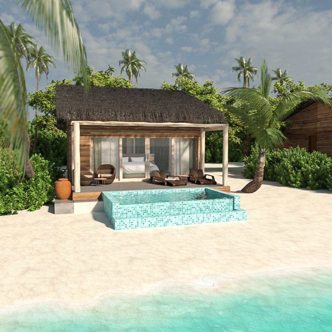 Render einer Strandvilla mit Pool bei You & Me Maldives