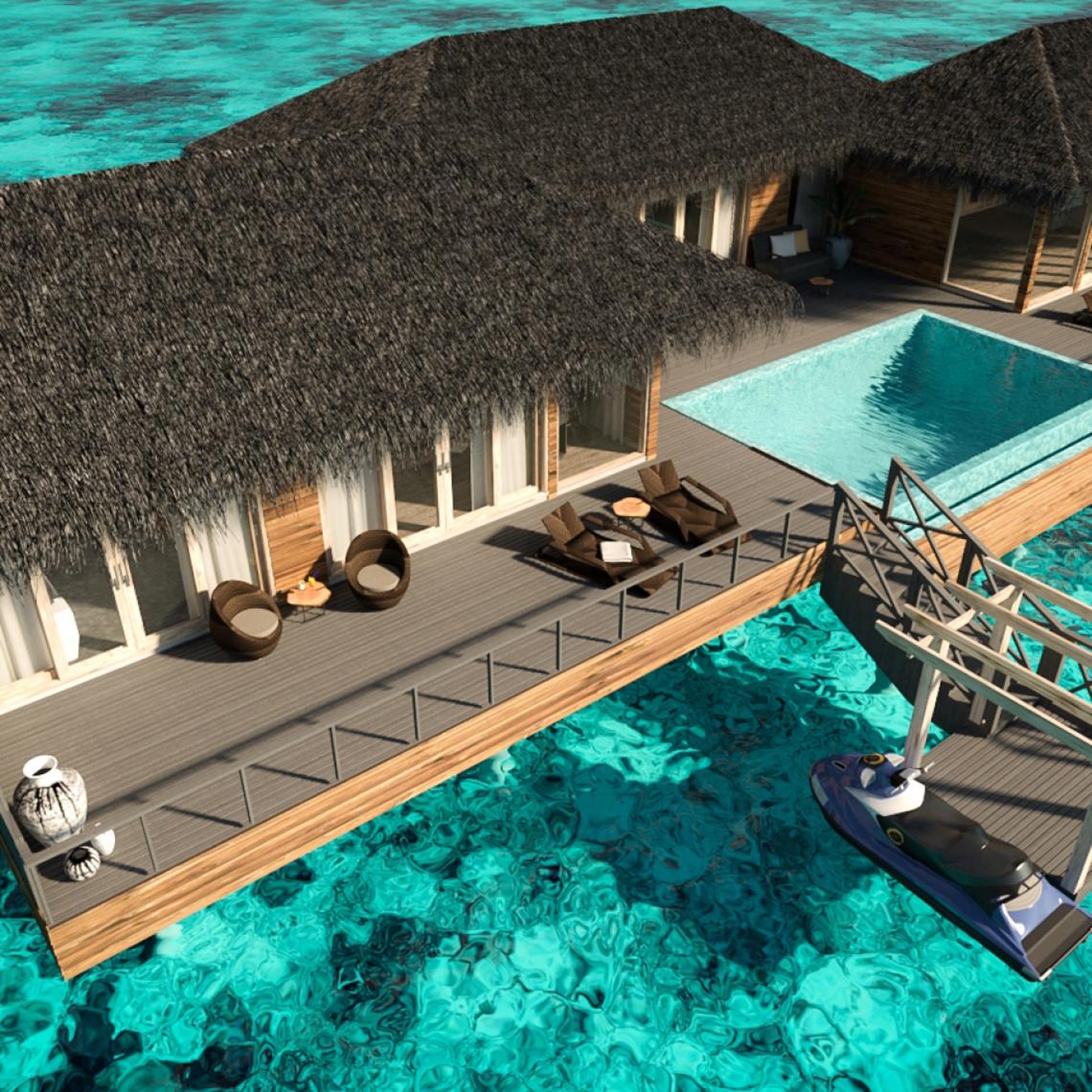 Wasservilla im Hotel You & Me Maldives mit Pool und Steg.