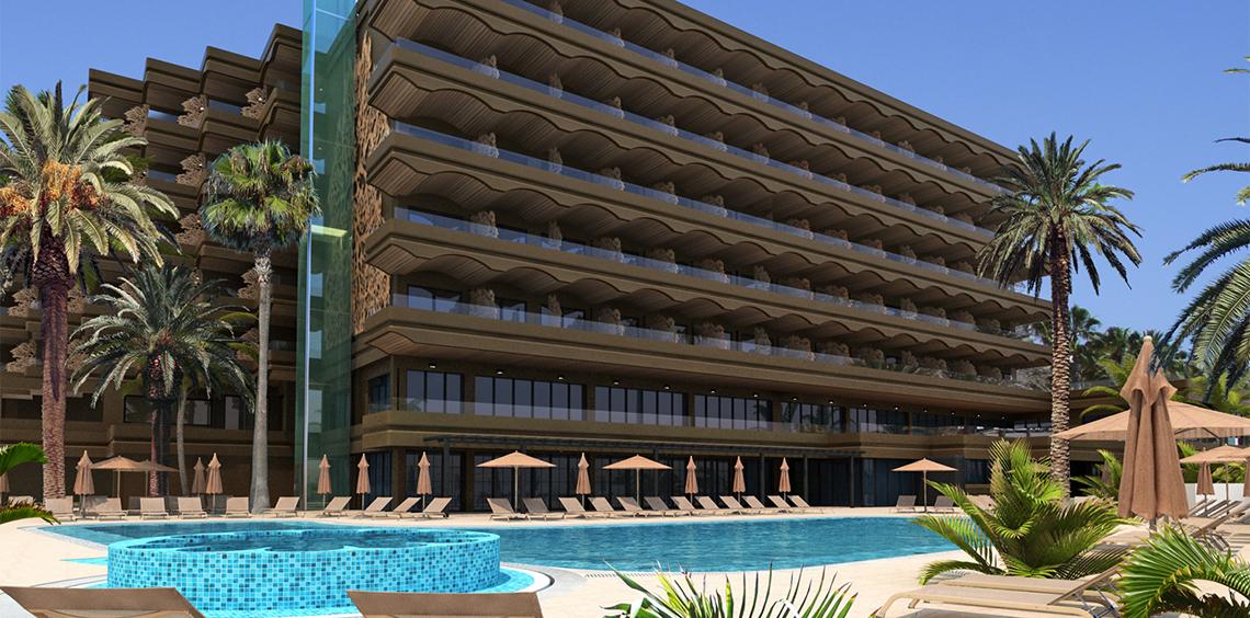 Architektur des Faro, a Lopesan Collection Hotel mit Pool und Palmen