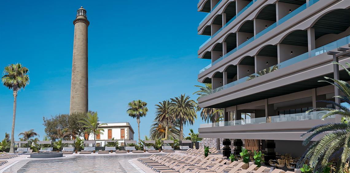 Illustration des Faro, a Lopesan Collection Hotel mit Turm, Hotelanlage und Swimmingpool.