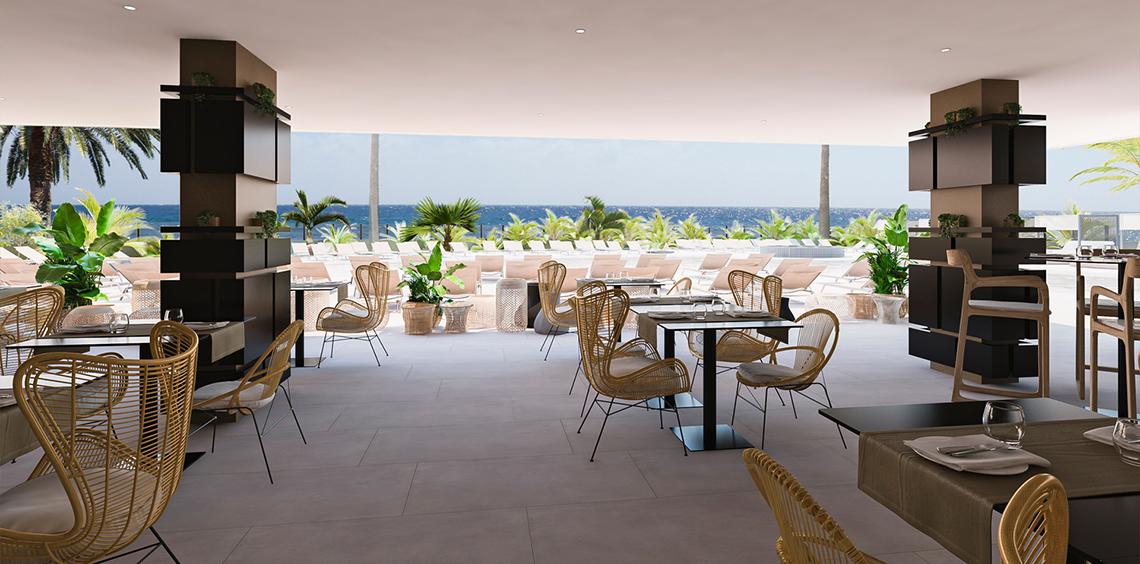 Innenbereich des Faro, a Lopesan Collection Hotel mit Blick auf das Meer.